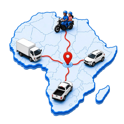 3D illustration of Africa with the four Kazimobility vehicles — moto, cab, hilux and fuso — positioned around a central destination pin
