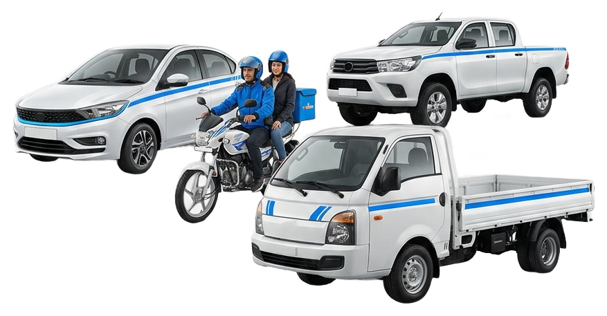 Our full fleet: sedan, moto with driver and passenger, pickup, and cargo truck